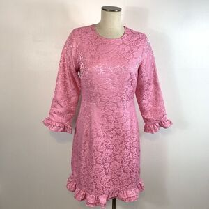 Julie Brown Pink Floral Damask Dress Size 8 Ruffle Trim Sheath